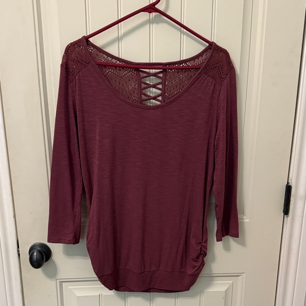 No Boundaries Maroon Crochet Accent Blouse